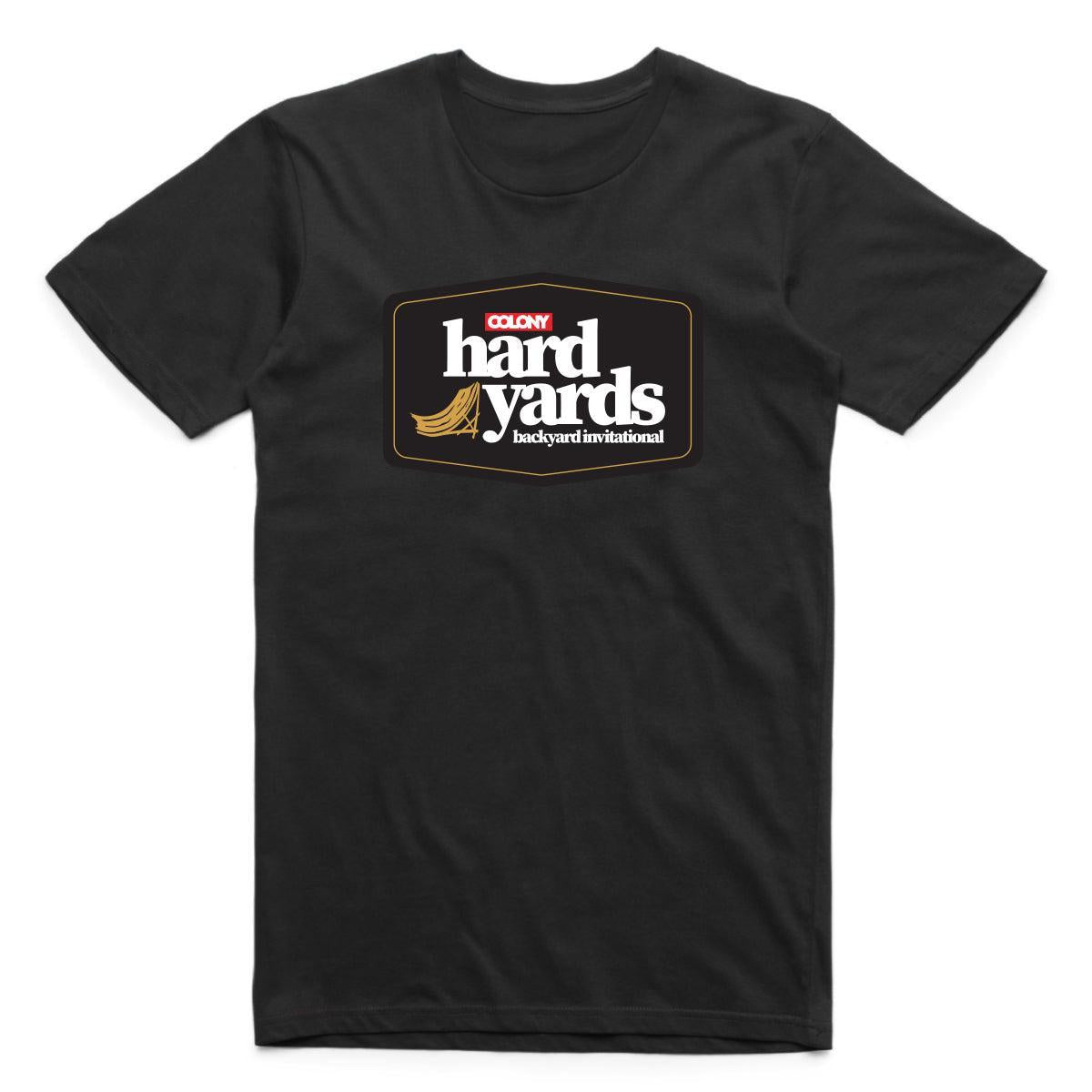 The Colony Hard Yards T-Shirt features the Colony BMX logo with "Colony Hard Yards backyard invitational" text and a small yellow ramp graphic.