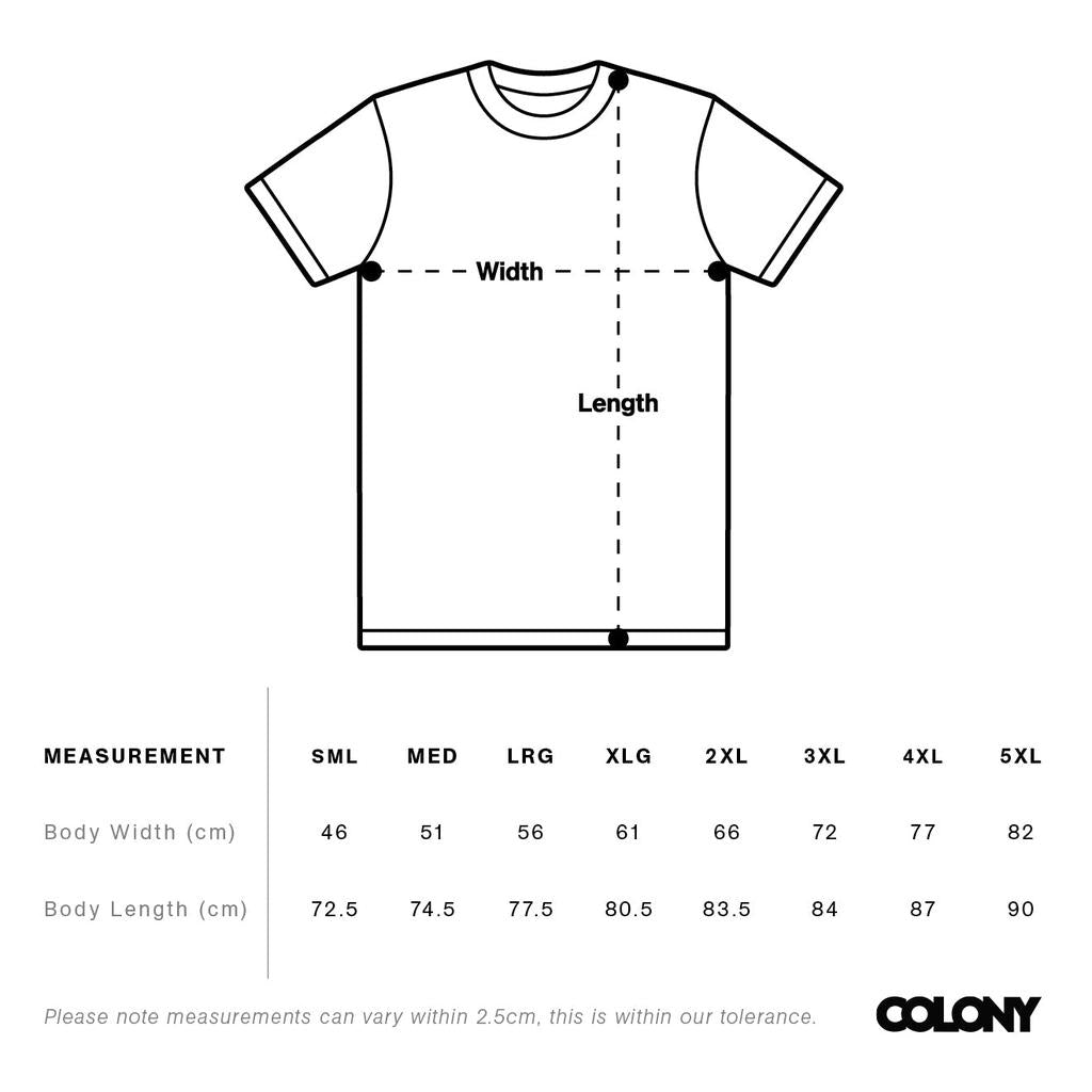 Diagram of a Colony Hard Yards T-Shirt with arrows for width and length, plus a size chart (SML–5XL) listing body width and length in cm. Ideal for tackling those Hard Yards at the park or on the street.