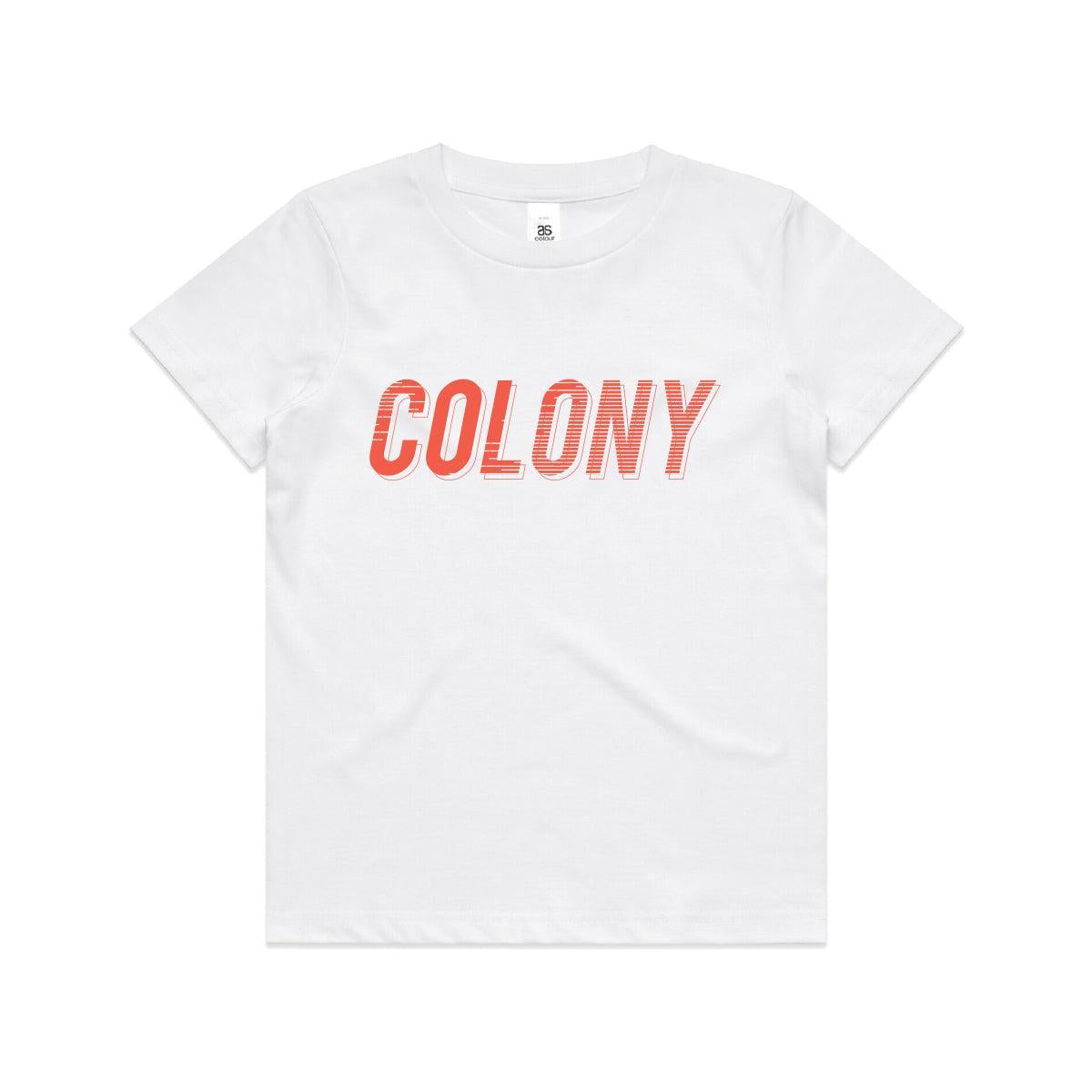 The Colony Momentum T-Shirt (Youth) is a white tee featuring "COLONY" in bold, red, uppercase letters across the chest—a must-have from Aussie brand Colony BMX.