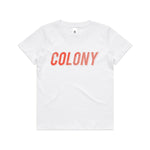 The Colony Momentum T-Shirt (Youth) is a white tee featuring "COLONY" in bold, red, uppercase letters across the chest—a must-have from Aussie brand Colony BMX.