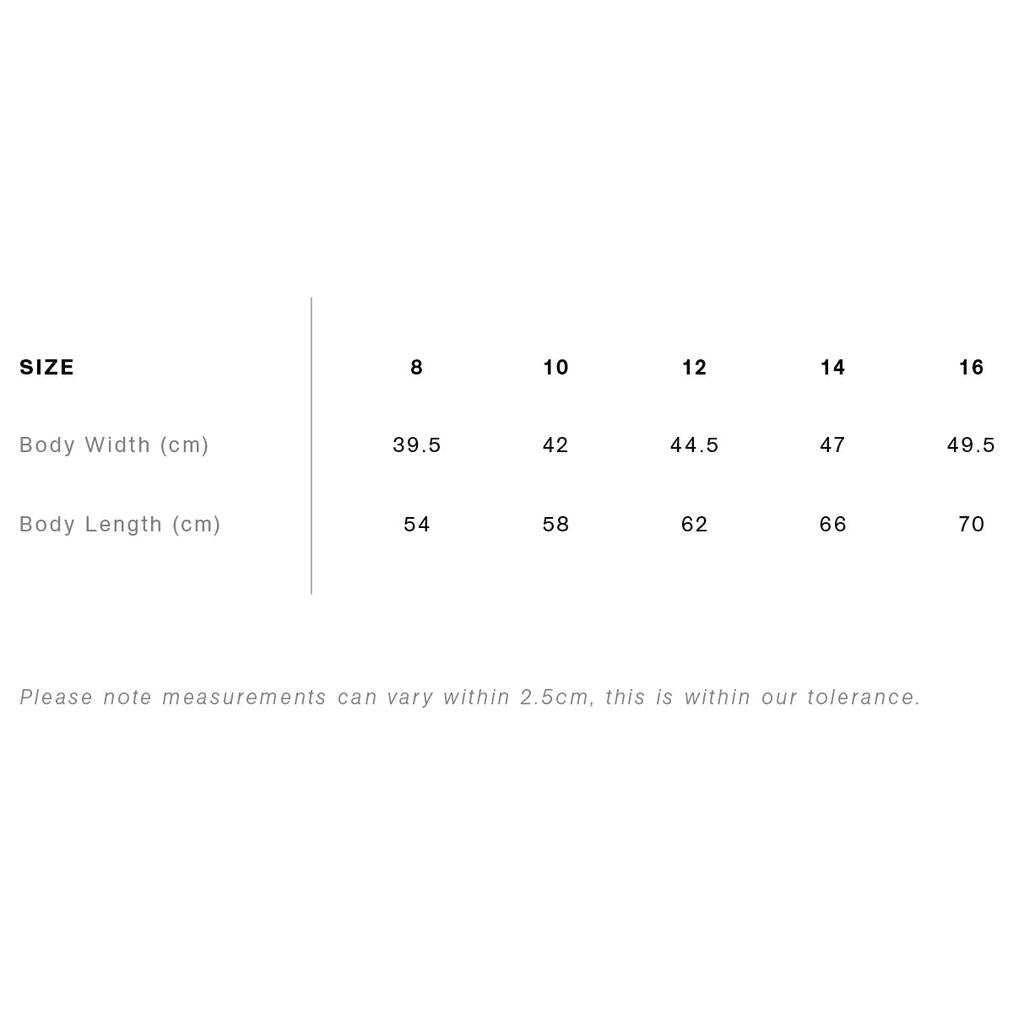The size chart for the Colony Momentum T-Shirt (Youth) shows body width and length in cm for sizes 8, 10, 12, 14, and 16. As with any Aussie brand, measurements may vary by up to 2.5 cm.