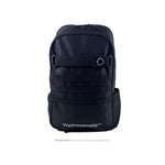 Wethepeople Global Backpack in black features MOLLE webbing, a front zippered pocket, side pocket, laptop compartment, "Wethepeople™" logo at the bottom front, and a circular logo on the upper right.
