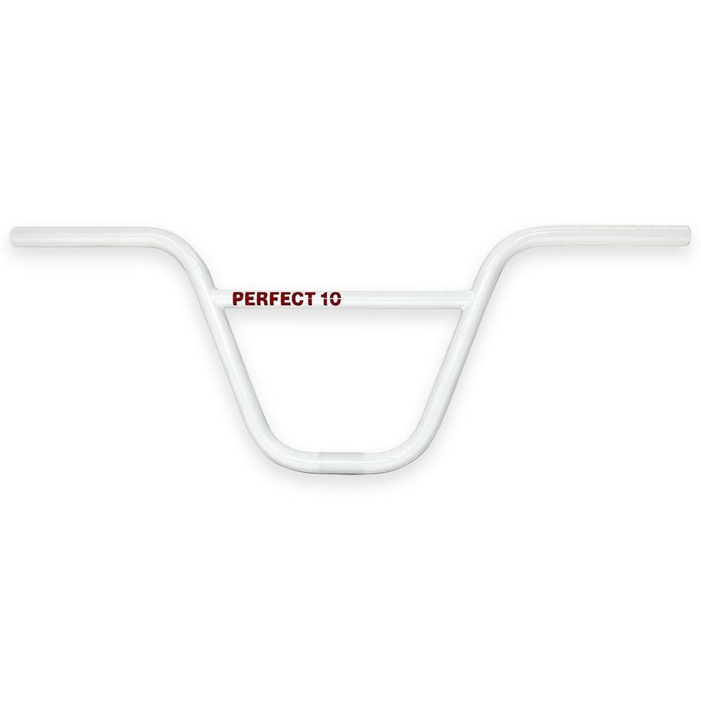 The S&M Perfect 10 Bars are white BMX handlebars with a straight top bar, "PERFECT 10" in red at the center, and a bold 10" rise for enhanced height and control.