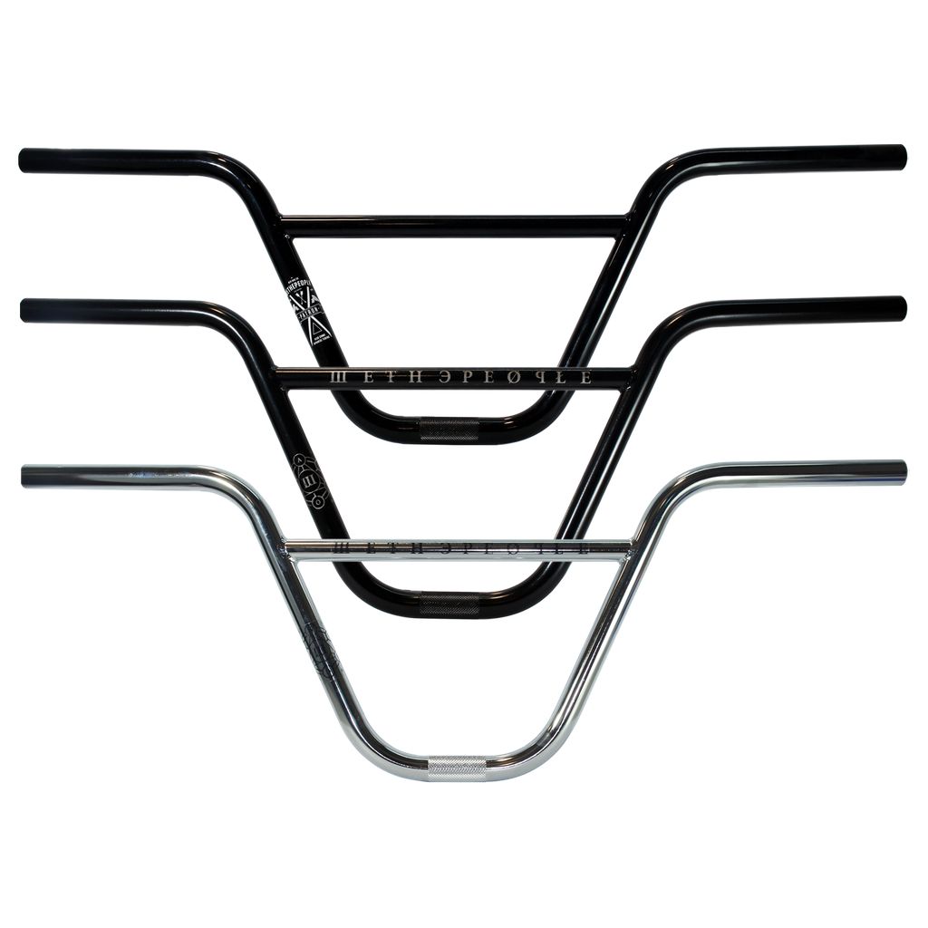 Three BMX handlebars are displayed against a white background. Two are the WeThePeople Patron Bars in black with white logos, crafted from durable chromoly, and one is a team model in silver featuring sleek black accents.