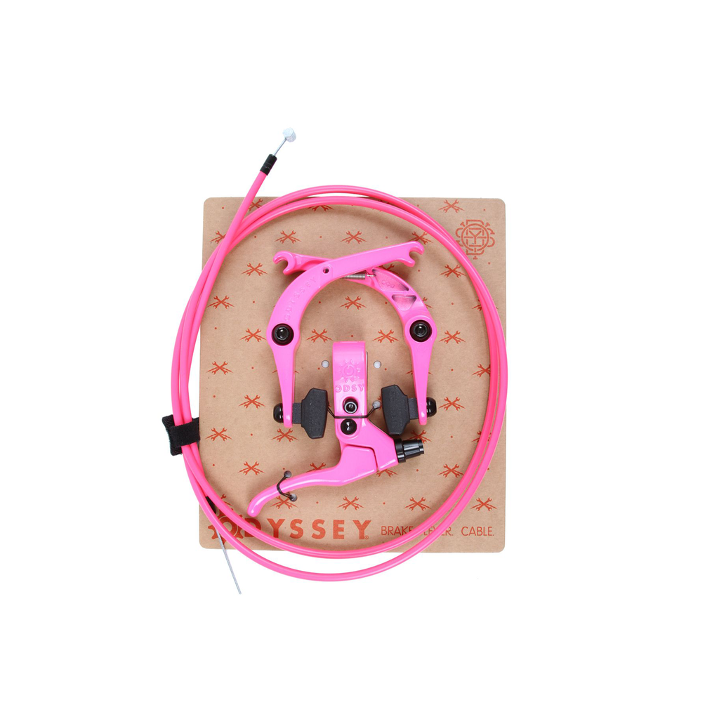 Pink Odyssey Springfield Brake Kit, including a u-brake, Springfield lever, and cable, displayed on cardboard packaging with the "Odyssey" logo.