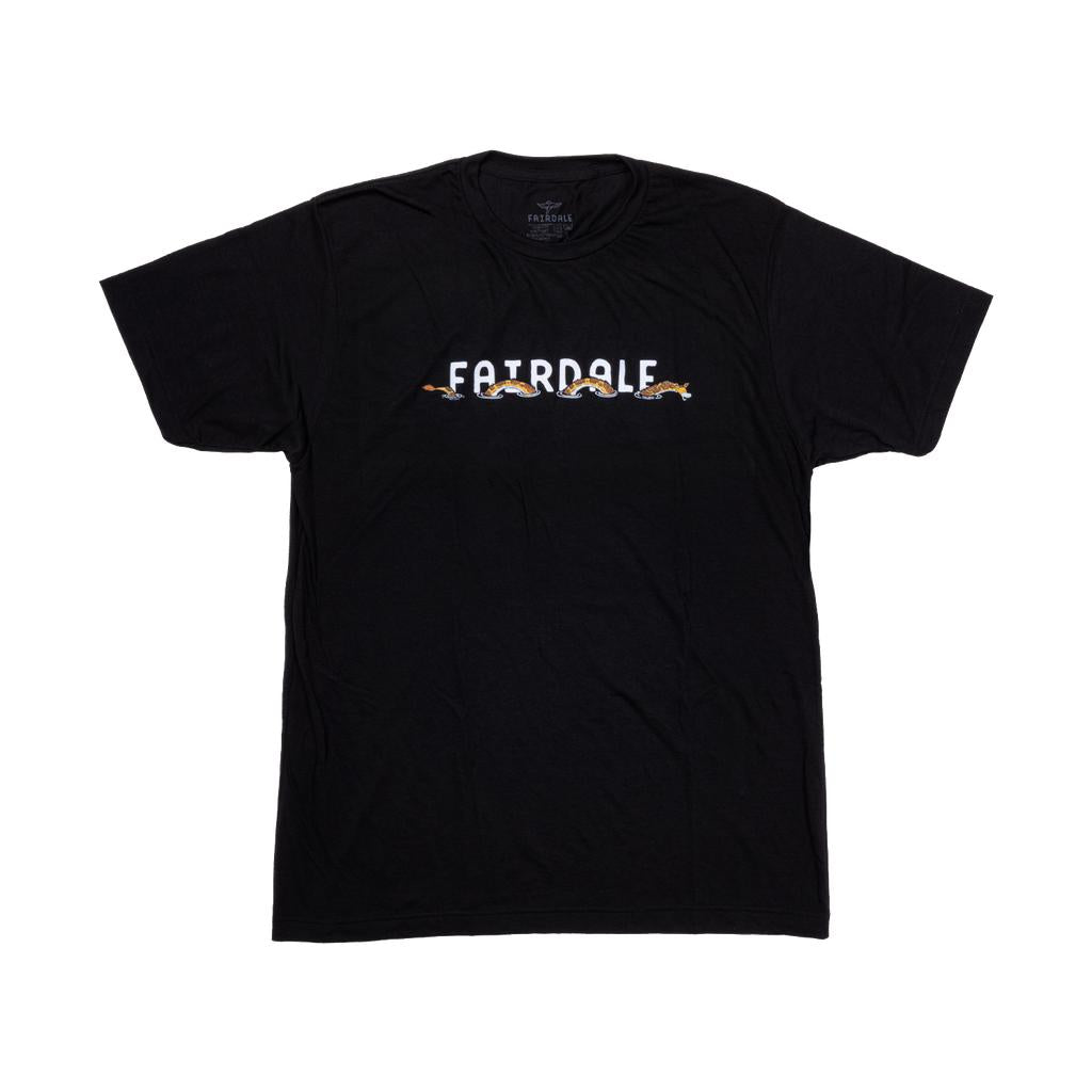 The Fairdale Giraffeness Monster T-Shirt is a black tee with "FAIRDALE" in white and snakes woven through the text—a bold pick for those who love unique style.