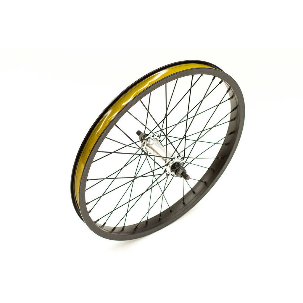 The Colony Horizon 18 Inch front wheel features yellow spokes and is a budget-friendly option. It stands out against a clean white background.