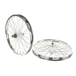 Two chrome Colony BMX Contour 48H Wheel Set bicycle wheels with black rims, "COLONY" branding, and strong Wasp hubs are shown—one upright, one flat—against a white background. Model: Chrome 9T.