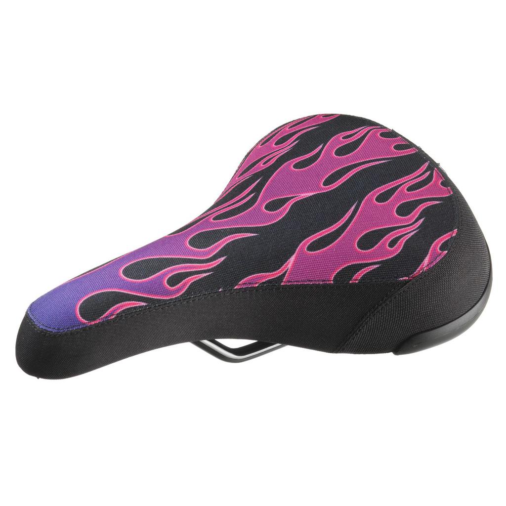 The Sunday Flames Railed Seat features a black base with vibrant pink and purple flame designs for added style.