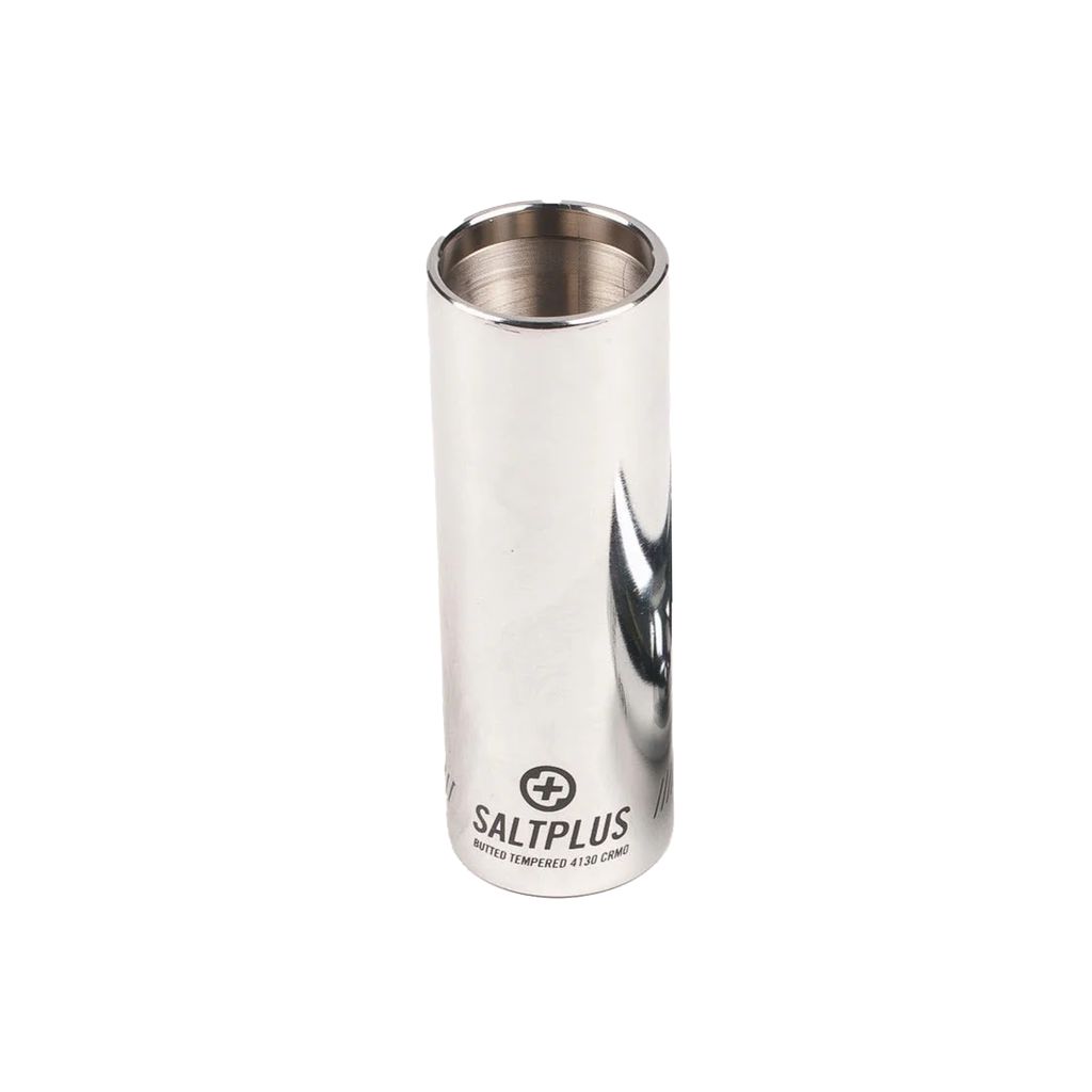 The Salt Plus HQ Peg is a shiny, cylindrical chromoly peg engraved with "Saltplus" and a plus logo, perfect for street riders.