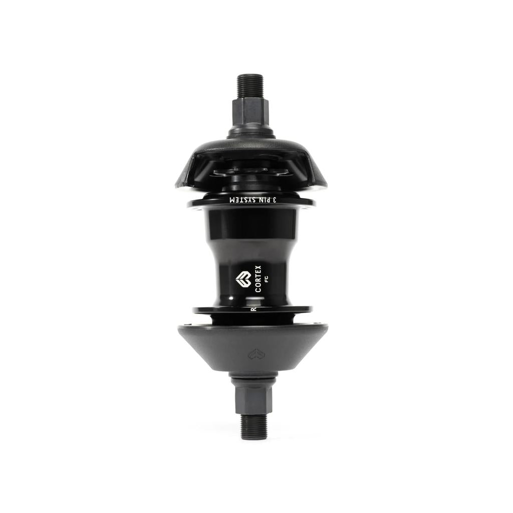 The Eclat Cortex EVO FC Rear Freecoaster Hub is black, features clutch-style internals, includes two hub guards and axle bolts at both ends, and displays "Cortex" branding on the hub body.