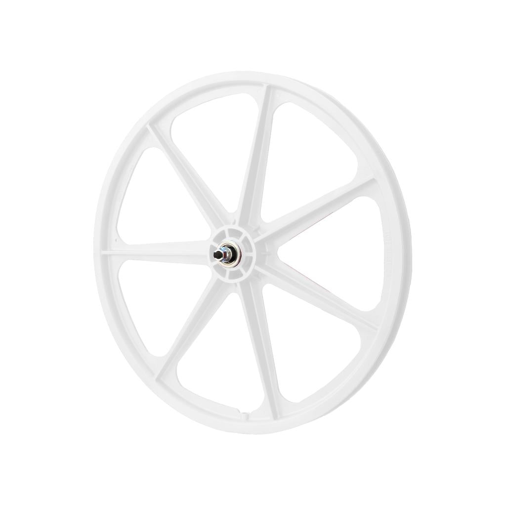 The SKYWAY TUFF II 24" Front Wheel is a white, eight-spoke composite nylon BMX wheel with a central hub and axle, displayed against a plain background.