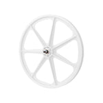 The SKYWAY TUFF II 24" Front Wheel is a white, eight-spoke composite nylon BMX wheel with a central hub and axle, displayed against a plain background.