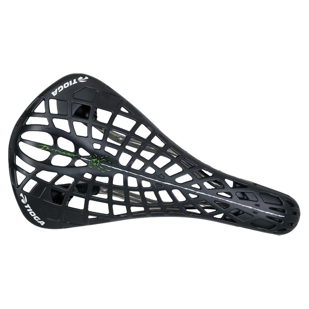 The Tioga D-Spyder Chromoly Railed Seat is a black ventilated bicycle saddle featuring a web-like pattern, green logo, and “TIOGA” printed on the sides. Its lightweight design and durable chromoly rails offer enhanced performance.