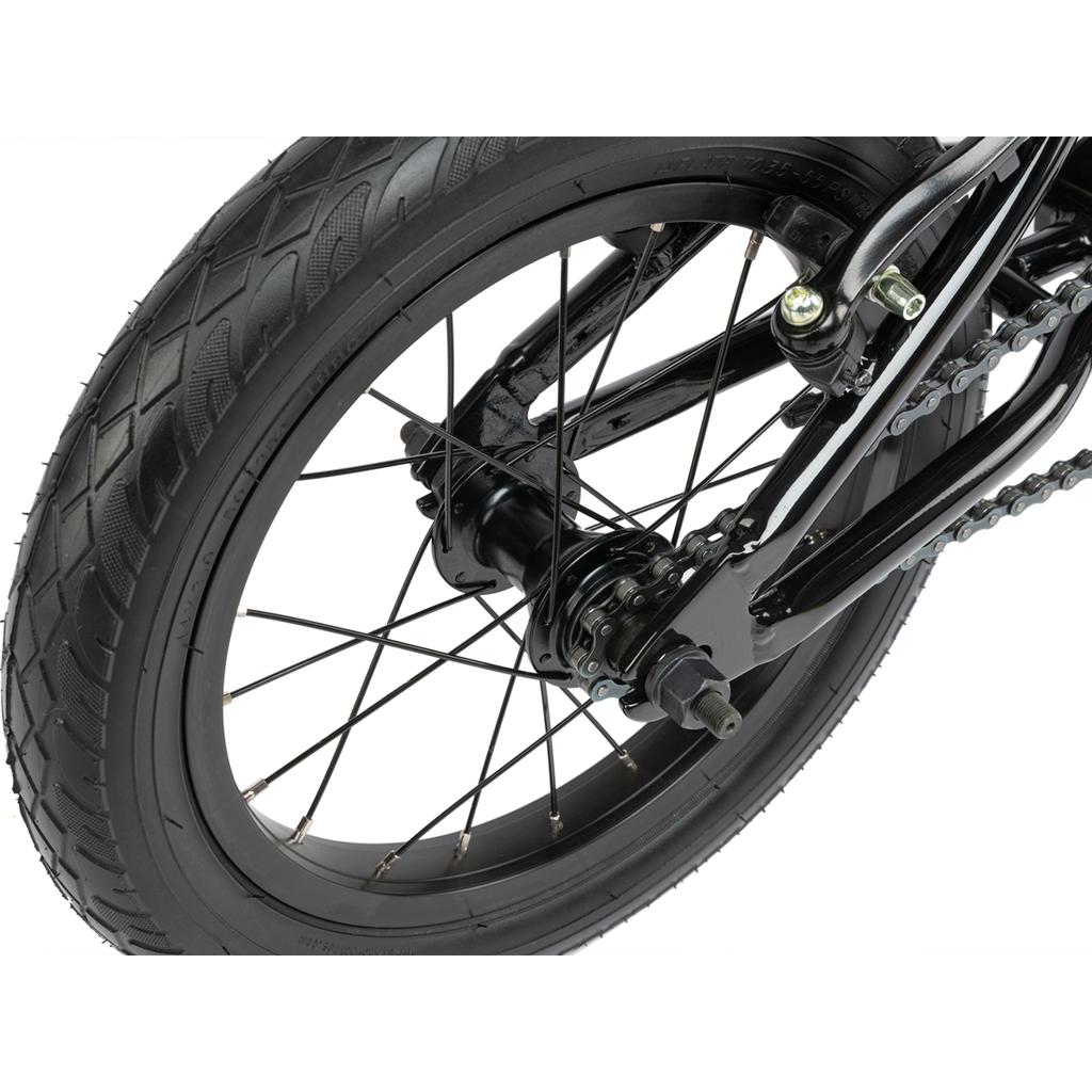 Close-up of the Radio Revo 14 Inch bike’s rear wheel—featuring the tire, spokes, axle, chain, and frame—shown against a white background; perfect as a first BMX bike.