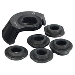 The Eclat Gong Rear Hub Driverguard (With Adaptors), a black metal guard with engraved labels for precise hub spacing, is arranged on a white background.