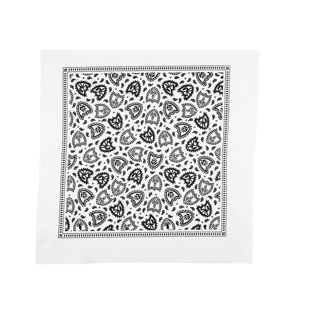 A white S&M Bandana with a black paisley print pattern, bordered by a simple dotted line design.