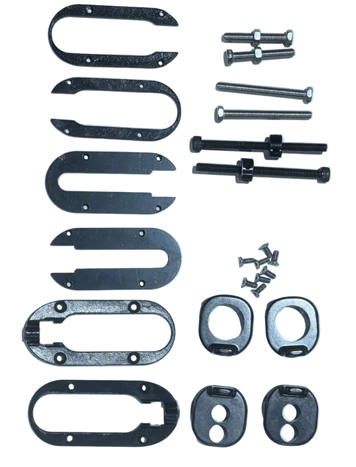 An assortment of black metal mounting brackets, screws, washers, dropout plates, and bolts arranged in rows on a white background. Perfect for use with the Chase ACT 1.2 Complete Drop Out Kit or as chain tensioner plates for custom builds.