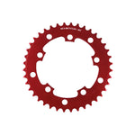 The MCS 110BCD 5 Bolt Chainring is a red, circular 40-tooth CNC machined chainring with multiple bolt holes and "MCS BICYCLES - 40T" text at the top, ideal for BMX racing.