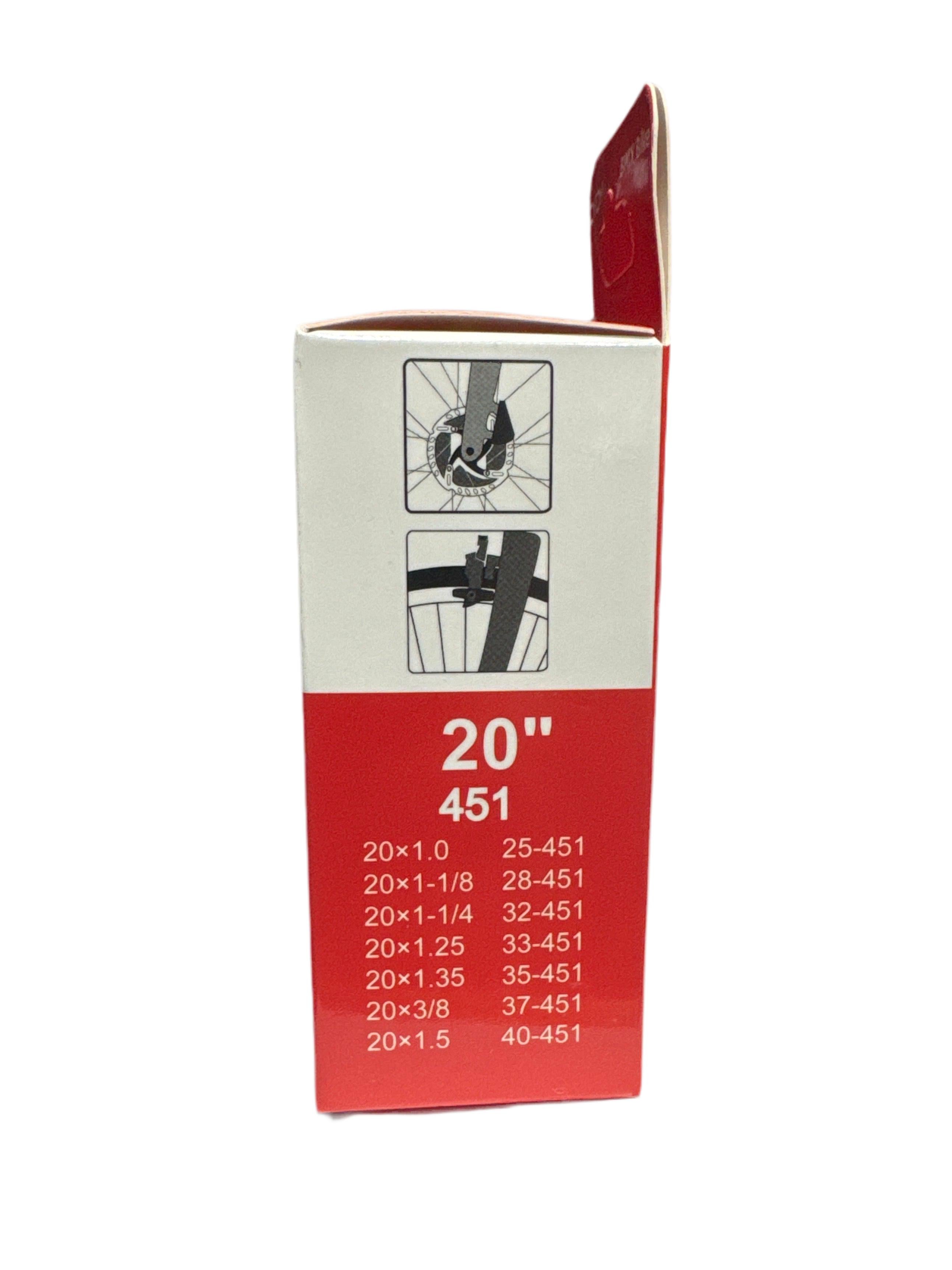 A red and white box for the CYDY TPU 20 Inch Inner Tube displays "20” 451," lists compatible tire sizes, and features a diagram of an ultra-light tube with valve.