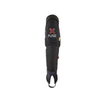 The Fuse Delta 125 Knee/Shin/Ankle Combo Pads (Pair) are black protective shin guards featuring the word "Fuse" alongside a red X logo. They include several padded sections, DFS system memory foam, and a secure strap at the bottom, making them ideal for those seeking reliable support and comprehensive protection.