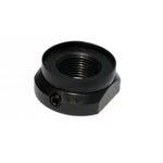The ECLAT Blind Lock Nut is a black metal nut with an internal thread and a small side screw, perfect as a replacement drive side lock nut. Shown here on a white background.
