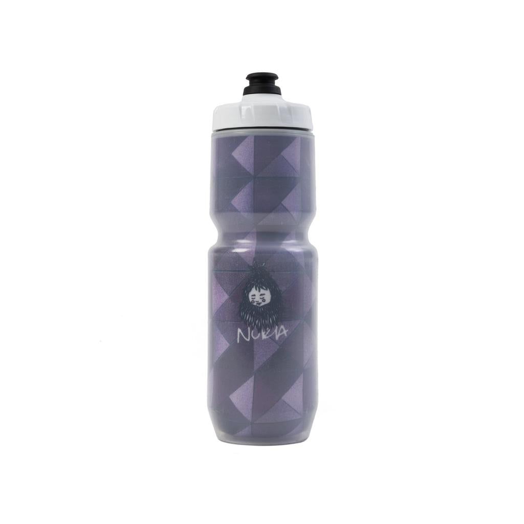 A tall, purple geometric-patterned Fairdale Nora V Water Bottle with a black nozzle, white cap, and bearded-face "Norda" logo, featuring unique Nora artwork.