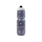 A tall, purple geometric-patterned Fairdale Nora V Water Bottle with a black nozzle, white cap, and bearded-face "Norda" logo, featuring unique Nora artwork.