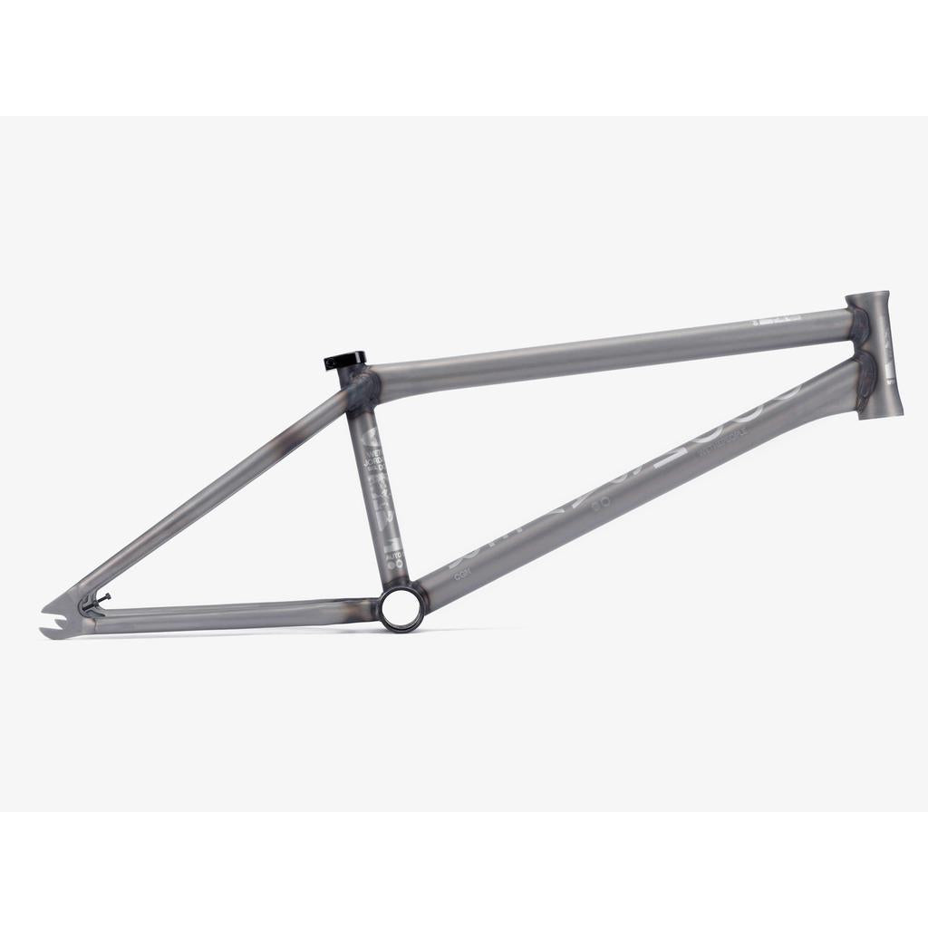 The Wethepeople Doomsayer Frame is a raw metal BMX frame with visible welds and progressive geometry, displayed side-on against a white background—ideal for street riders who value durability and style.