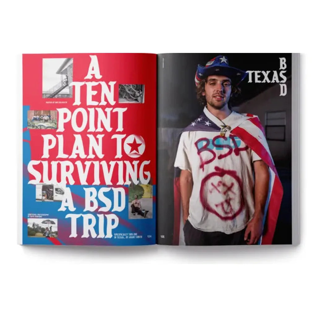 A feature in DIG Book Issue 2025, "A Ten Point Plan to Surviving a BSD Trip," shows a man in a decorated tee and flag by the headline, embodying the adventurous spirit seen in top BMX interviews.