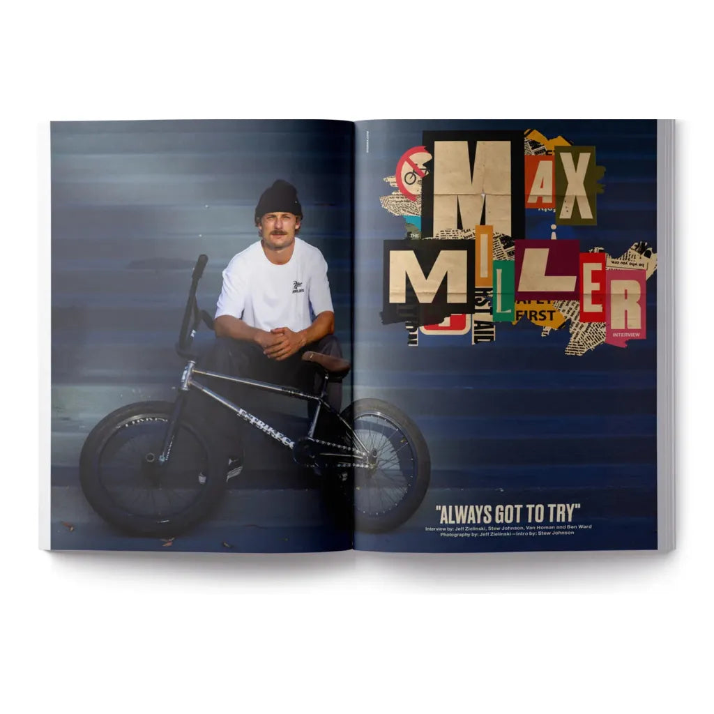 A man in a white shirt sits on a BMX bike beside bold, colorful "Max Miller" text in this vibrant DIG Book Issue 2025 magazine spread.