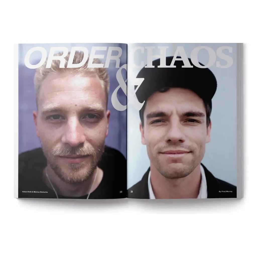 A magazine spread in DIG Book Issue 2025 features close-up portraits of two men with bold “ORDER & CHAOS” text—a striking highlight in this renowned BMX magazine celebrated for its insightful interviews.