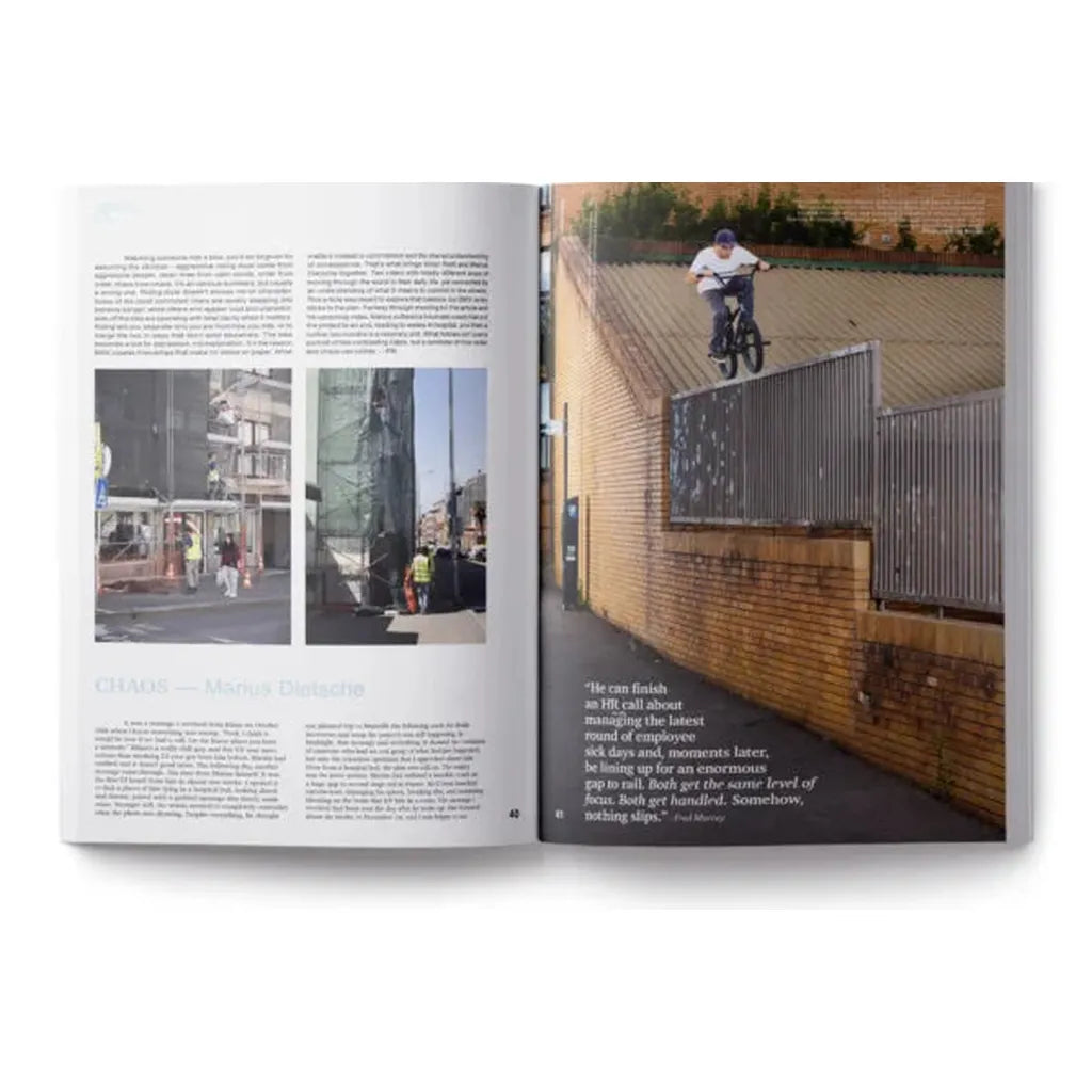 An open DIG Book Issue 2025 displays street photography on the left page and a BMX rider performing a trick on a steep ramp by a brick wall on the right, perfectly capturing the raw energy of BMX culture.