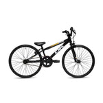 The DK Swift Mini 20 Inch Bike 2025, shown in side profile, features a black lightweight aluminum frame with yellow accents, straight handlebar, slim all-terrain tires, and a padded seat.