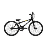 The DK Swift Junior 20 Inch Bike 2025, a black BMX bike with a straight top tube, front and rear hand brakes, all-terrain tires, and yellow and white graphics on its lightweight aluminum frame, is shown in profile against a white background.