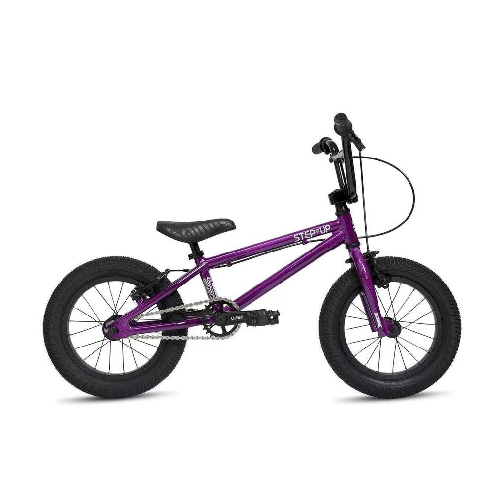 A DK Step Up 14 Inch Bike in purple, featuring a lightweight aluminum frame, black tires, seat, and handlebars, is shown from the side against a white background.