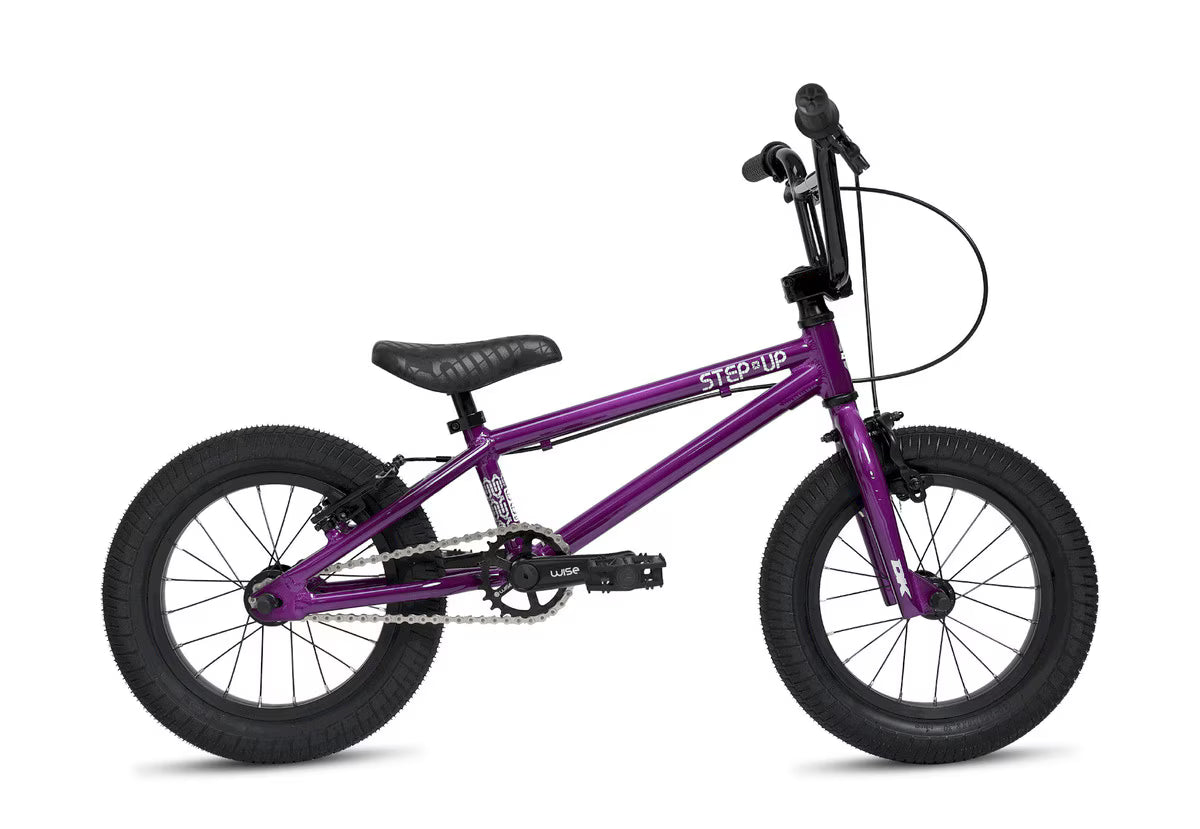 A DK Step Up 14 Inch Bike in purple, featuring a lightweight aluminum frame, black tires, seat, and handlebars, is shown from the side against a white background.