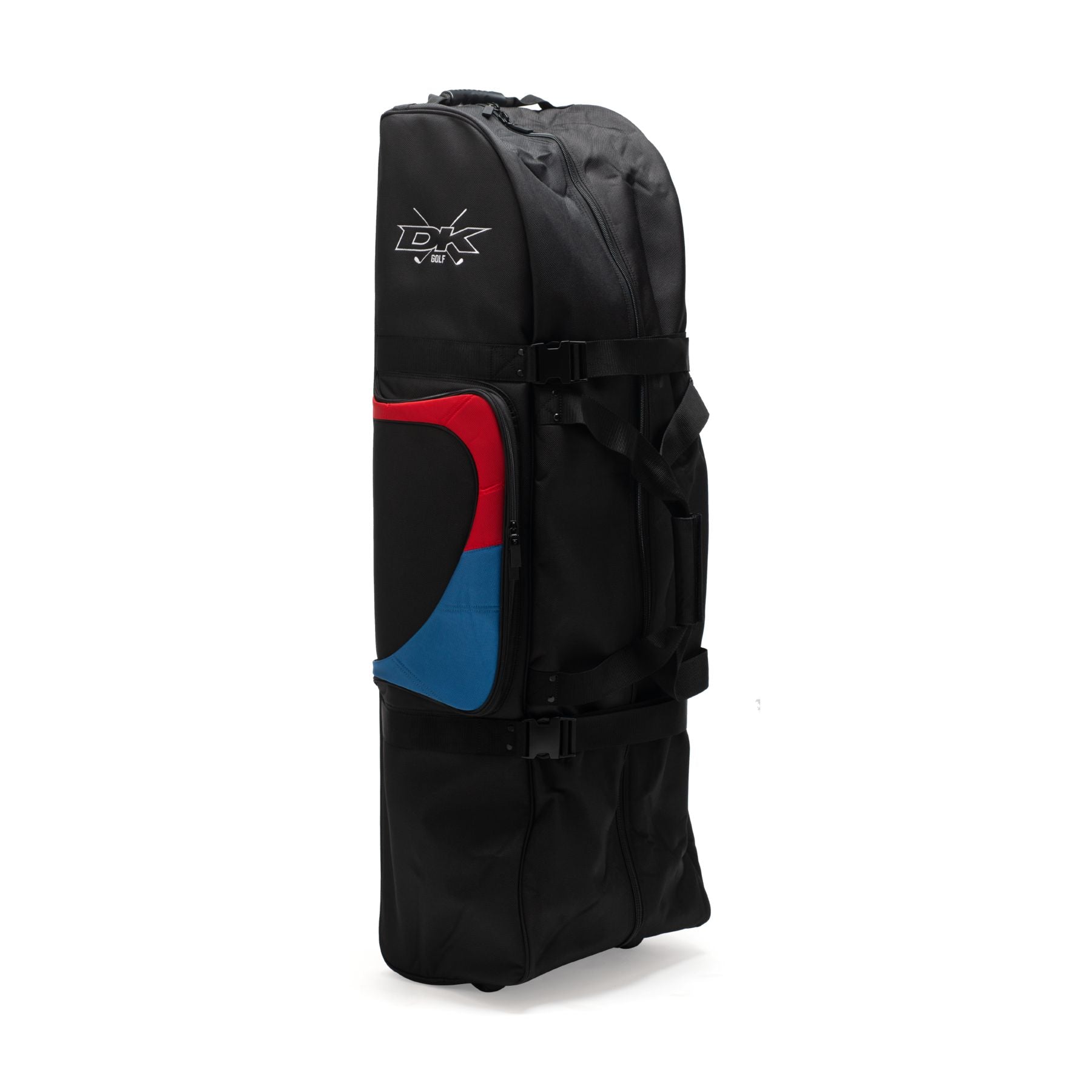 A black cricket kit bag with a blue and red design on the side, featuring the "DK" brand logo, similar to a stylish DK Golf Flight Bike Bag.
