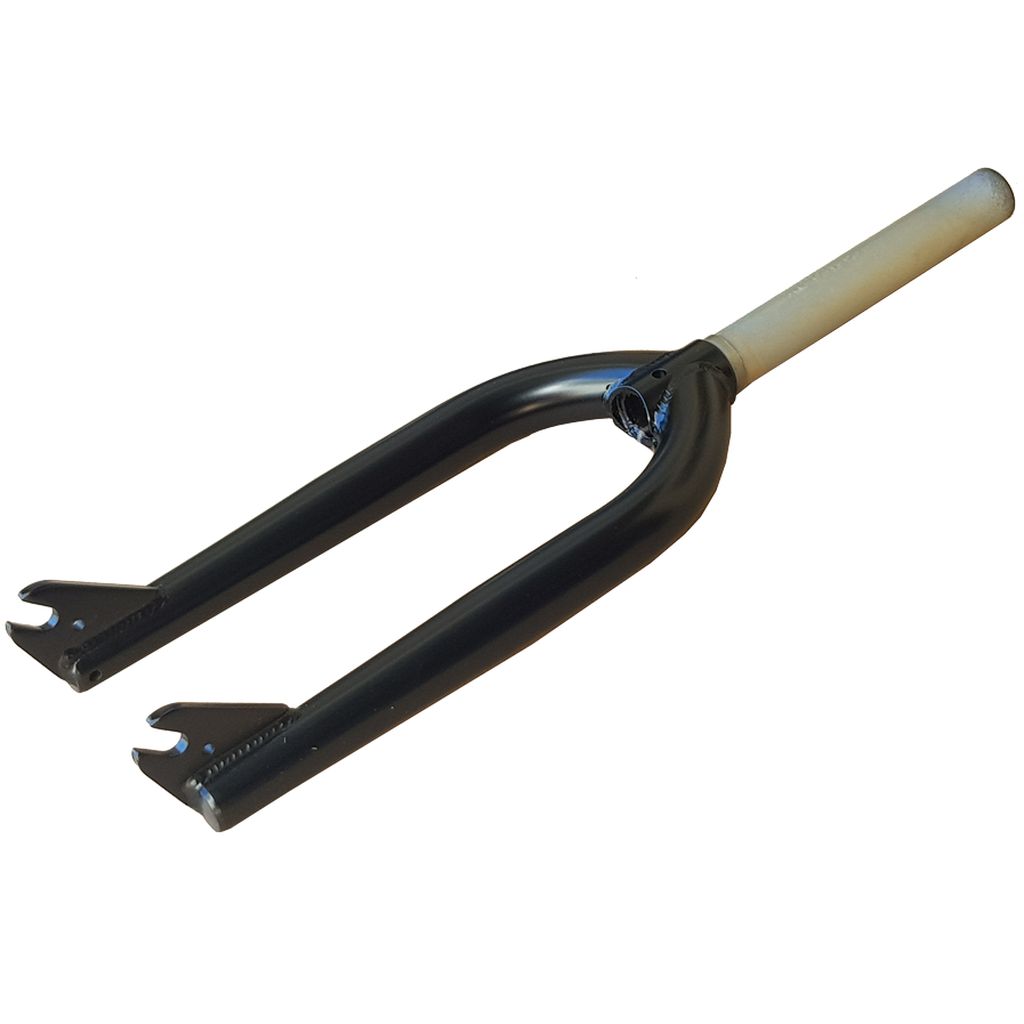 The DRS Forks (1-1/8 Inch) come with a sleek black frame and a pale steerer tube, expertly crafted from durable chromoly. Designed for threadless compatibility, these forks ensure modern cycling efficiency, all highlighted against a crisp white backdrop.