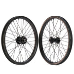 Two Spectre NME X Onyx Elite 20 Inch Disc Wheels (20mm/15mm) are shown upright side by side against a white background. These lightweight bike wheels offer strong BMX rims for enhanced durability and performance.