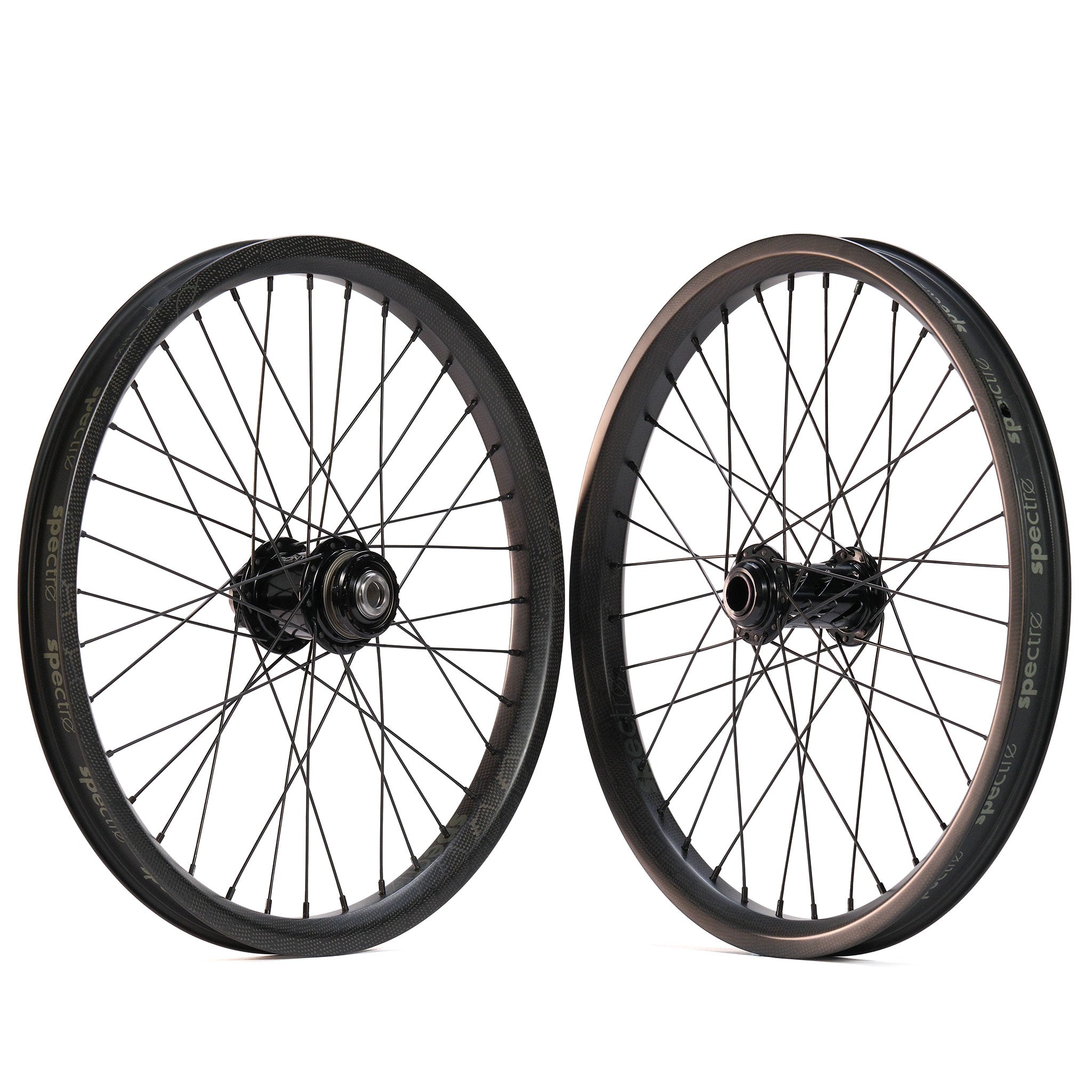 Two Spectre NME X Onyx Elite 20 Inch Disc Wheels (20mm/15mm) are shown upright side by side against a white background. These lightweight bike wheels offer strong BMX rims for enhanced durability and performance.
