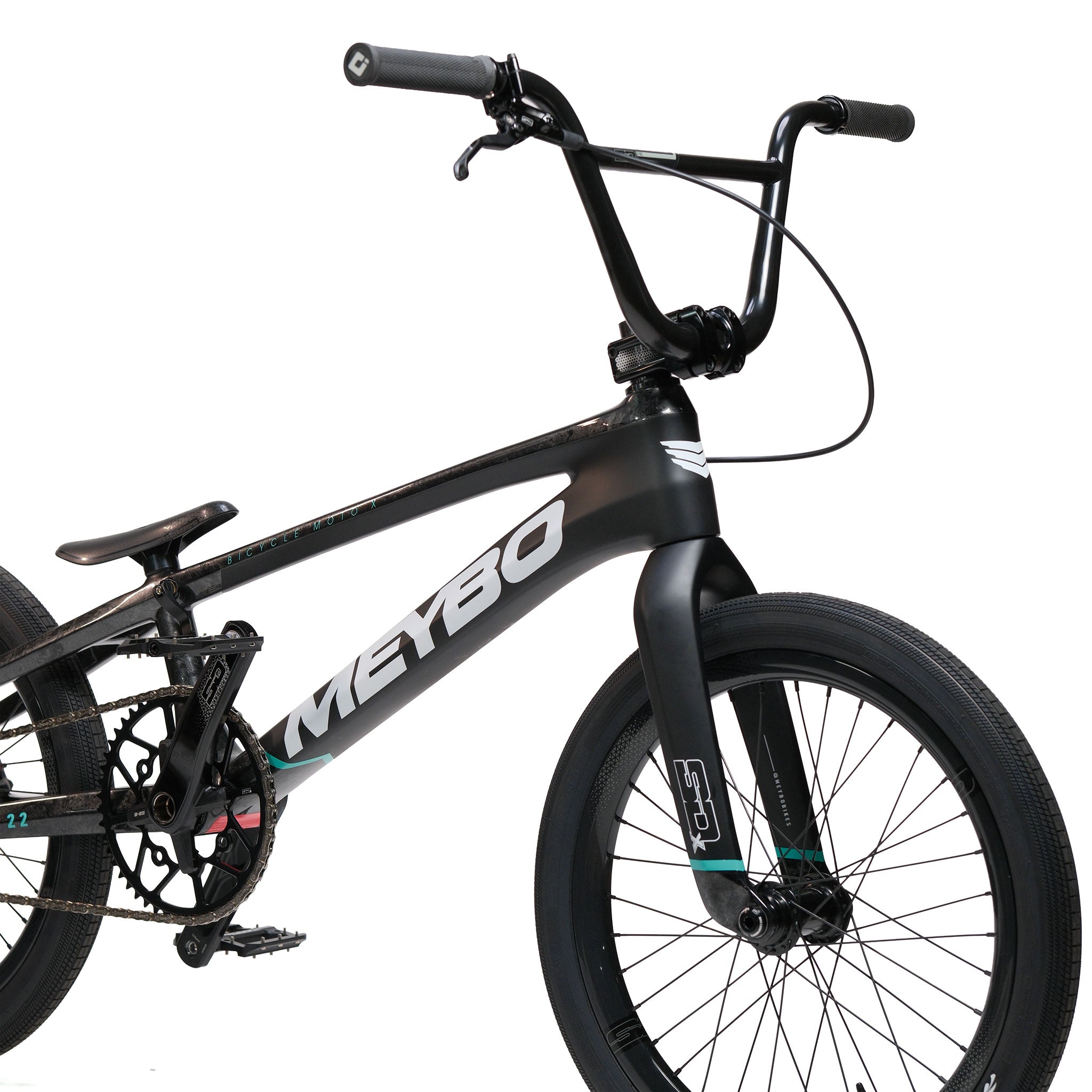 Meybo HSX Carbon Pro XXL Race Bike in black with white branding, shown from the right side, featuring a robust carbon frame, flat pedals, knobby tires, and a visible front brake cable near the handlebars. Built with quality BMX components and equipped with the Meybo HSX Carbon Pro XXL Frame for exceptional strength and performance.
