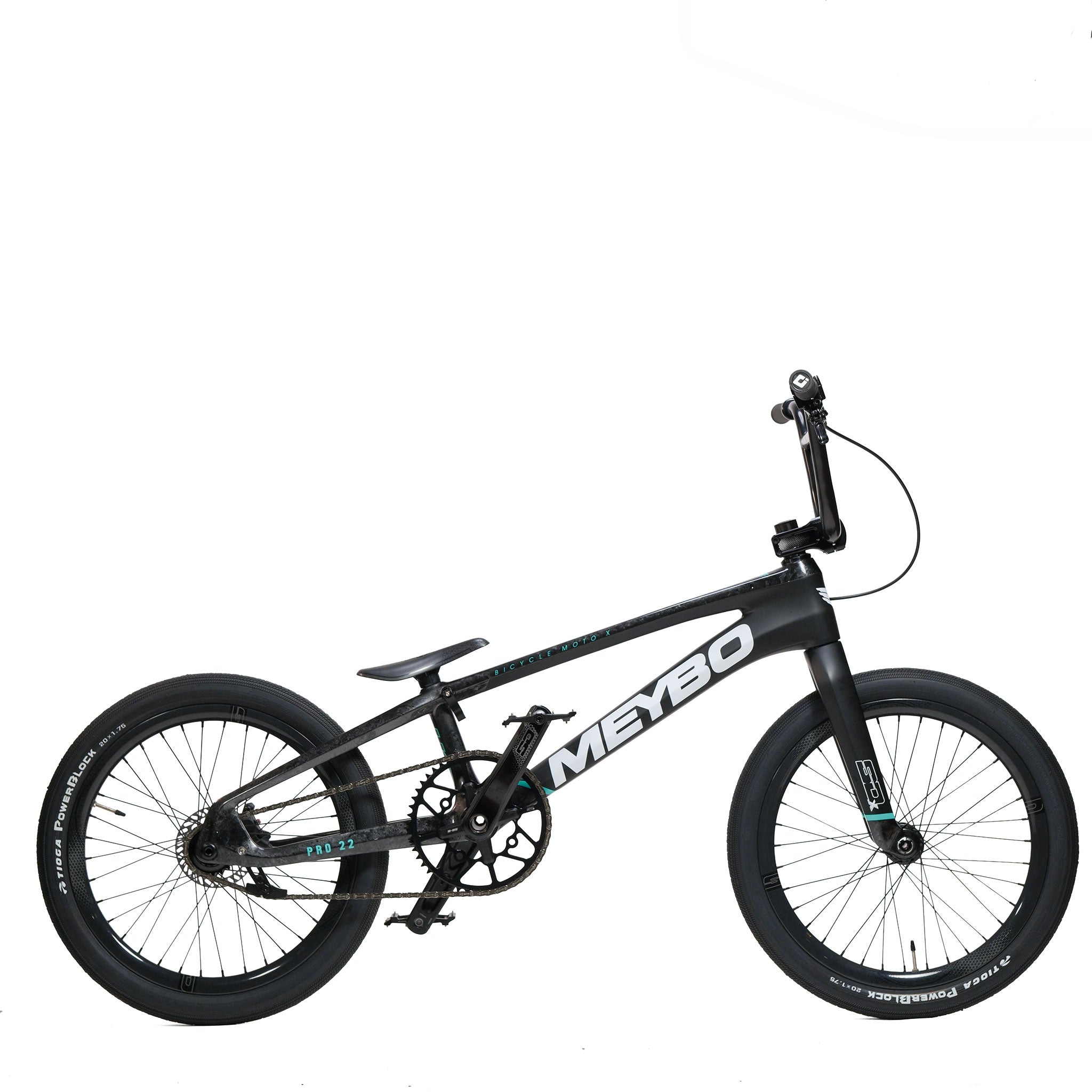 A black Meybo HSX Carbon Pro XXL Race Bike with thick tires and a sturdy frame, shown in profile on a white background, features premium BMX components and the renowned Meybo HSX Carbon Pro XXL Frame for enhanced performance.