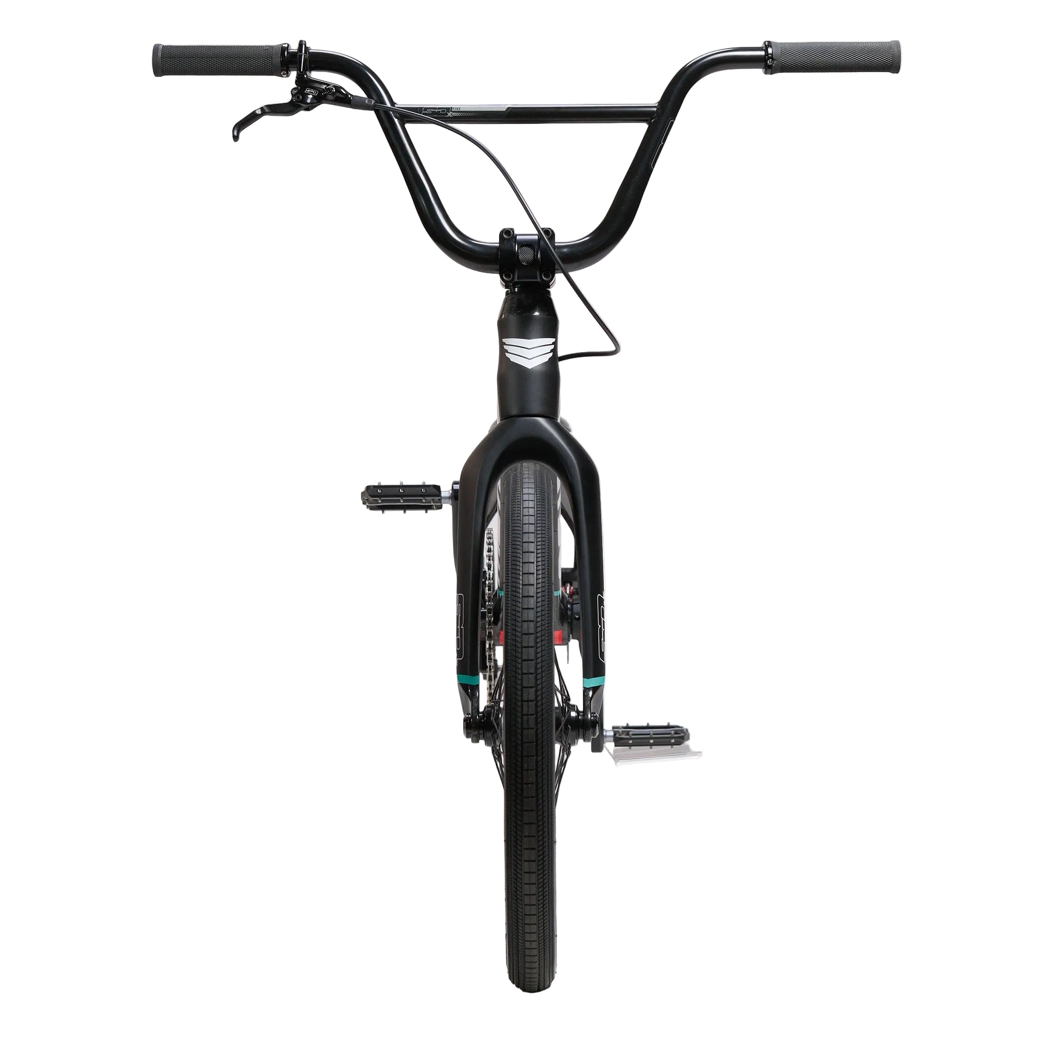 Front view of the Meybo HSX Carbon Pro XXL Race Bike in black, showcasing its handlebars, front tire, and dual foot pegs against a white background. This BMX features a carbon race frame inspired by high-performance models like the SD-X Sniper Evo and Meybo HSX Pro XL.