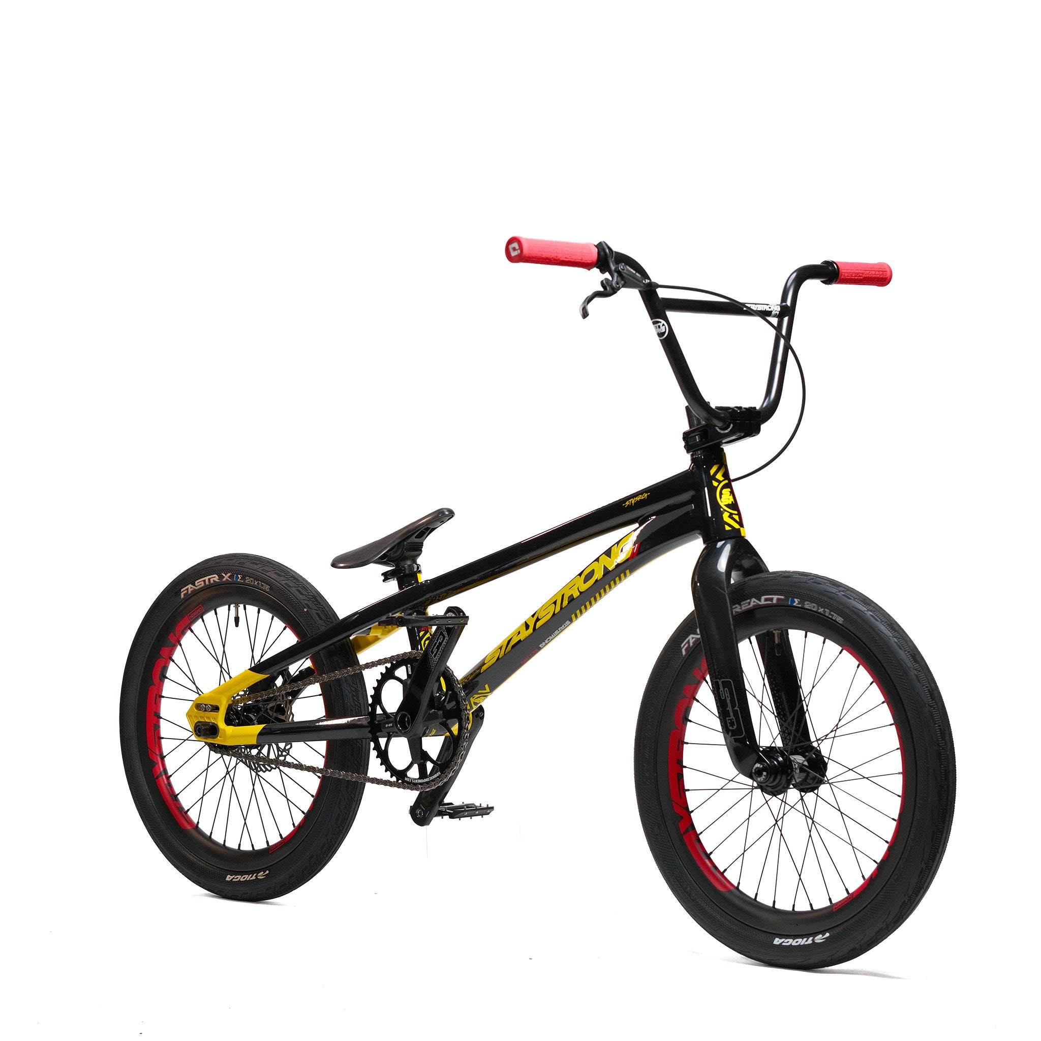 The Stay Strong V5.1 Pro XXXL Race Bike, shown here with a black frame, red handlebar grips, red wheel accents, and yellow highlights, features a robust aluminium construction reminiscent of high-end custom race bikes—beautifully photographed on a white background.