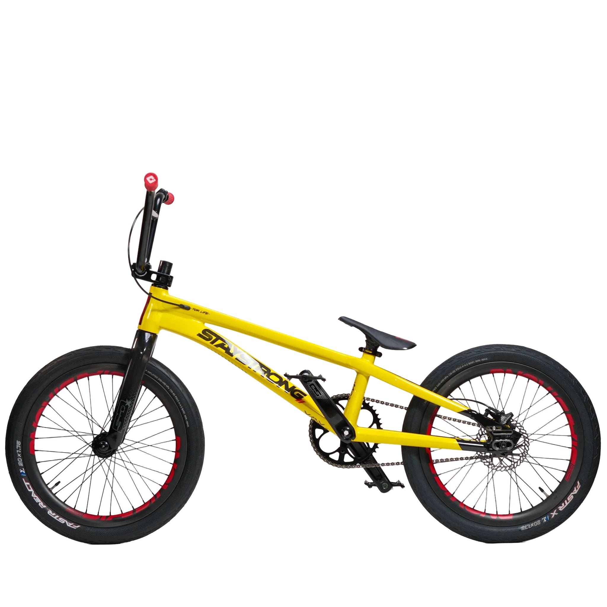 Stay Strong V5.1 Pro XXXL Race Bike, shown in yellow with black and red accents from a side view. The frame displays "STAY STRONG" in bold lettering and features the durable Stay Strong V5.1 aluminium construction. This custom race bike is equipped with thick tires and does not include a visible kickstand.