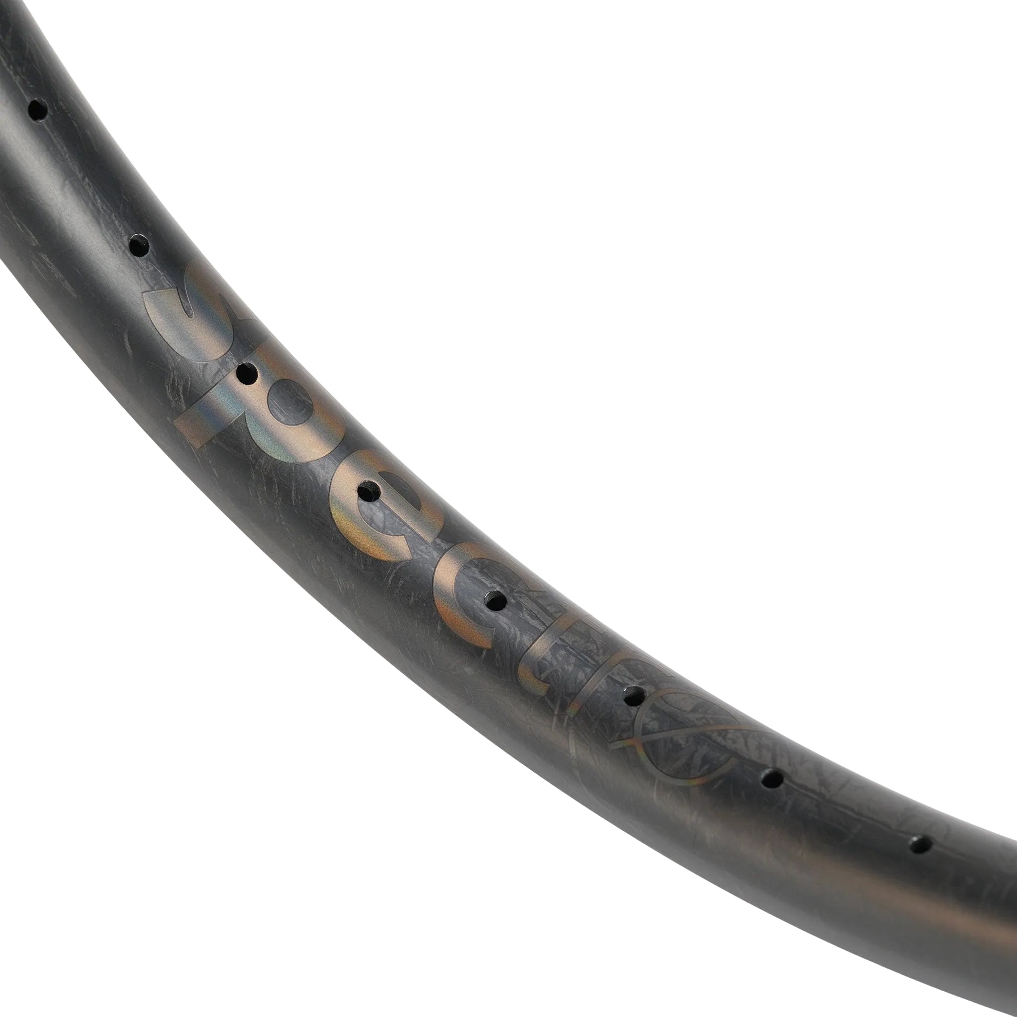 Close-up of a black Spectre V3 Lite Carbon Fiber 20 Inch 36H Brakeless Rim, crafted from premium T800 carbon fiber with spoke holes and partially visible reflective lettering on a white background. This lightweight brakeless bike rim blends strength and sleek aesthetics, making it ideal for performance-oriented cyclists.