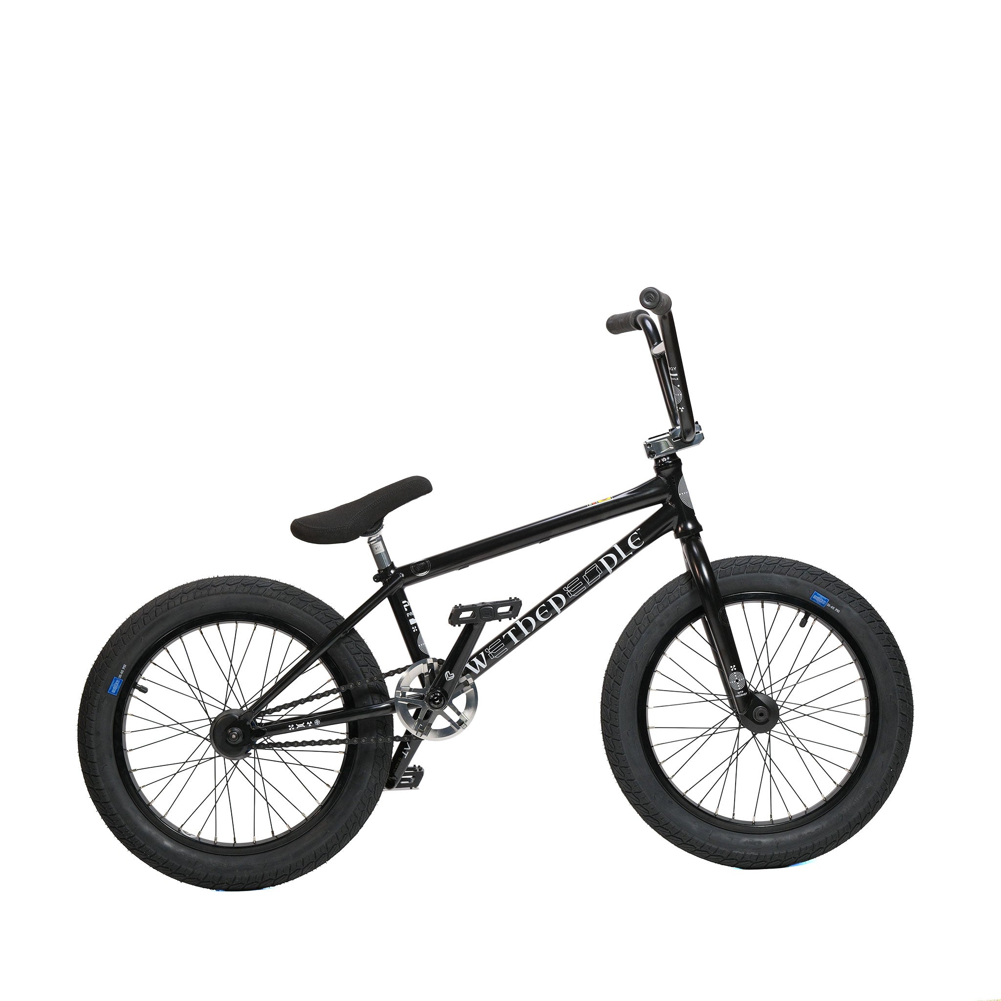 The Wethepeople Prodi-G-Unit 18 Inch Custom Bike, shown in profile against a plain white background, features thick tires, a straight top tube, a padded seat, and flat pedals with Eclat components.