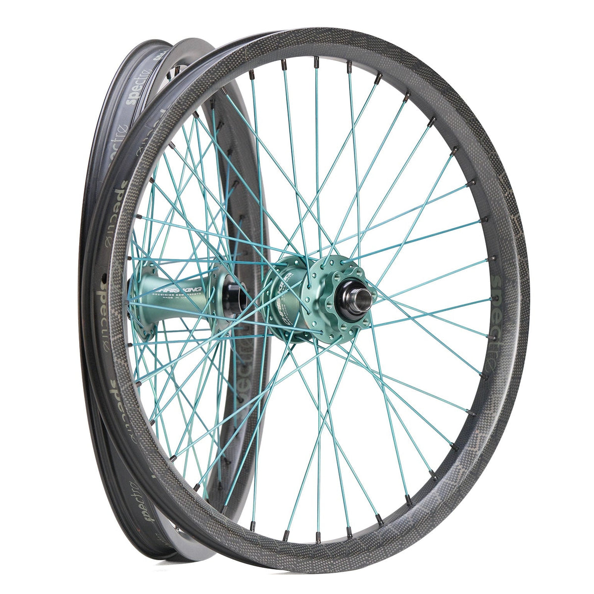Chris King X Spectre NME Custom 20inch Wheel Set featuring two BMX race wheels with carbon rims, teal hubs, and teal titanium spokes.