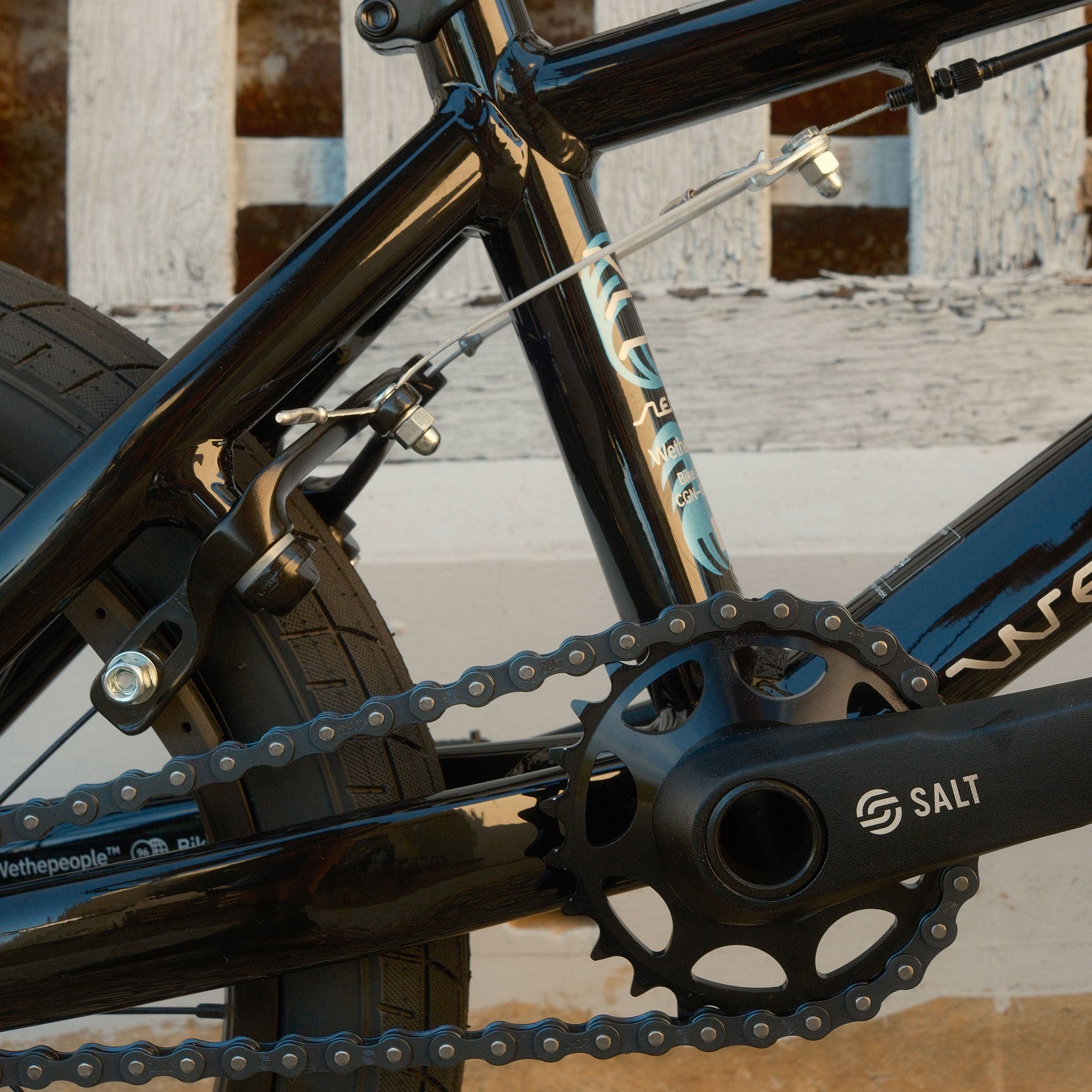 Close-up of the Wethepeople Aerox 16 Inch Bike’s black drivetrain and rear brake, showing the SALT-labeled crankset, chain, rear tire, and part of its lightweight alloy frame near a white wooden fence.